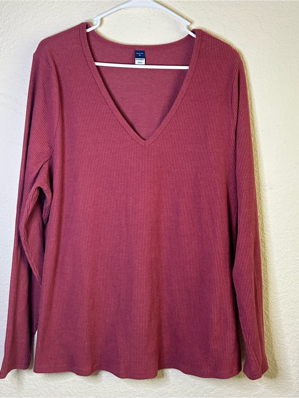 Old Navy V-Neck Long Sleeve Ribbed Plus‎ Size Top Dusty Rose 3XL Spring Light